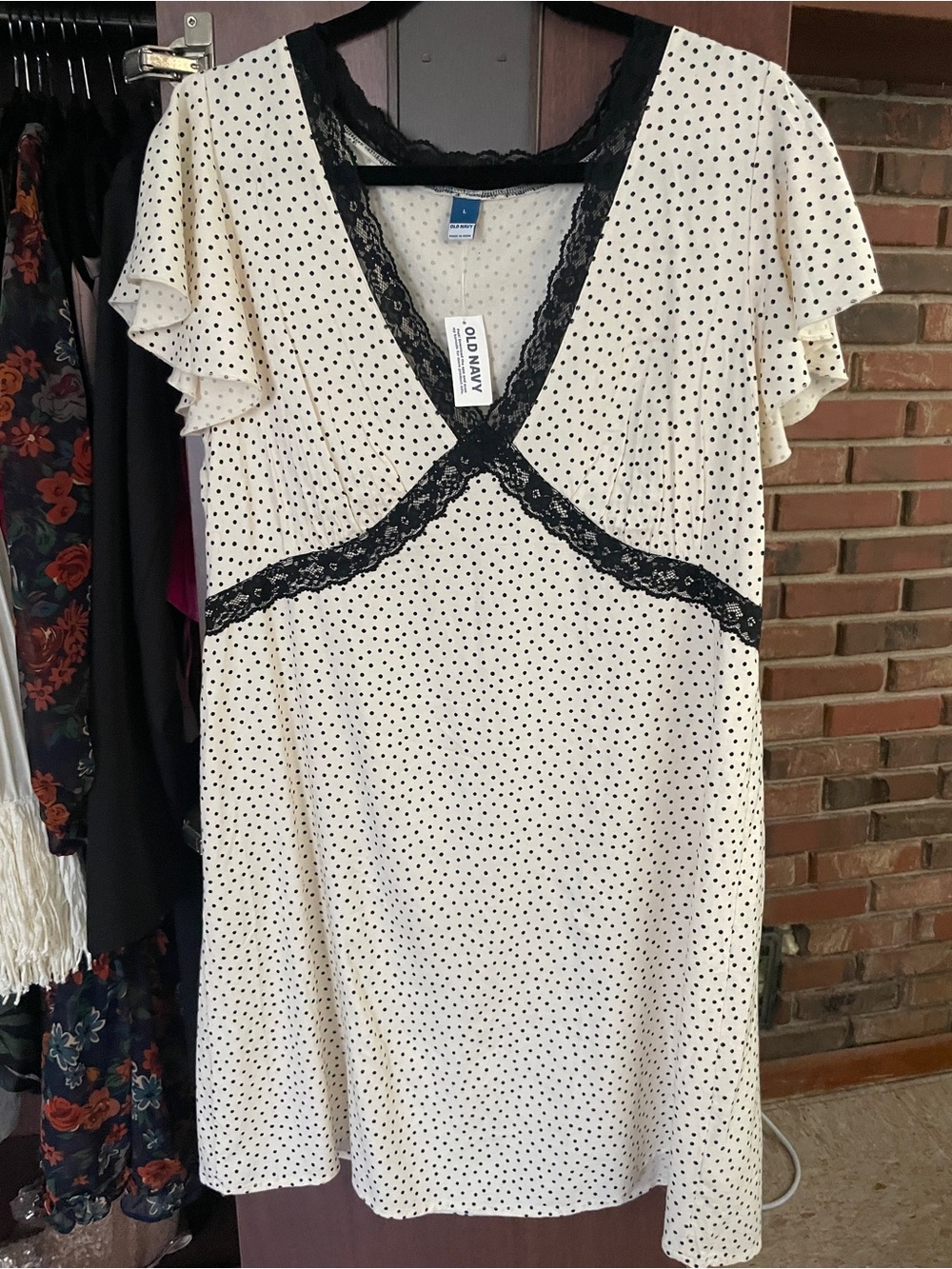 Old Navy Cream and Black Polka Dot Lace-Trim Chemise